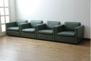 アメリカビンテージ　高級輸入家具　Knoll(ノル)　フィスターコレクション　総革の贅沢な1人掛けラウンジソファ4脚セット(レザー、一人掛け、1Pソファ、アームソファ、ヴィンテージ、ノール、バラ売り可能)(現行定価4脚で約280万円)(R-081163)
