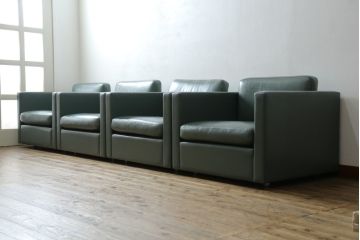 アメリカビンテージ　高級輸入家具　Knoll(ノル)　フィスターコレクション　総革の贅沢な1人掛けラウンジソファ4脚セット(レザー、一人掛け、1Pソファ、アームソファ、ヴィンテージ、ノール、バラ売り可能)(現行定価4脚で約280万円)(R-081163)