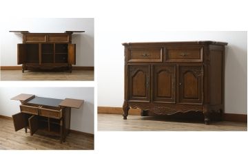 中古　美品　美しい彫刻とパーケットリーが目を惹くサイドボード(サーバー、サイドキャビネット、収納棚、戸棚、寄木細工)(定価約25万円)(R-081176)