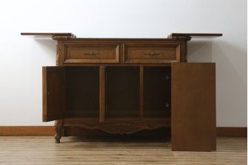 中古　美品　美しい彫刻とパーケットリーが目を惹くサイドボード(サーバー、サイドキャビネット、収納棚、戸棚、寄木細工)(定価約25万円)(R-081176)