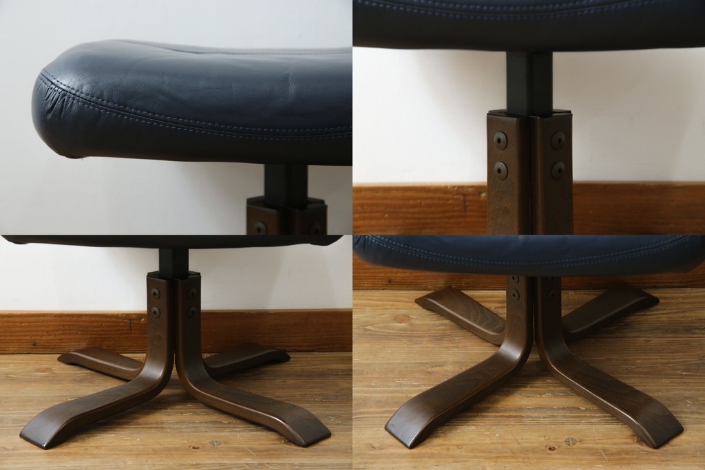 和製ビンテージ　maruni(マルニ木工)　オールドマルニ　本革(レザー)　優雅な寛ぎの時間を演出するリクライニングチェアとオットマンのセット　(R-081177)