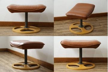 デンマークビンテージ　フランスベッド取り扱い　デンマークブランド　KEBE(ケベ)　本革(レザー)　のんびり過ごせるリクライニングチェアとオットマンのセット(1Pソファ、アームソファ、ラウンジチェア、フットスツール、椅子、イス、ヴィンテージ、北欧)(R-081178)