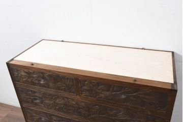中古　軽井沢彫り　天板リメイク　牡丹の図　繊細な意匠が楽しめるサイドチェスト(サイドボード、引き出し、洋服タンス、衣装箪笥)(R-081191)