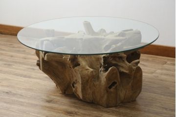 中古　アスプルンド(ASPLUND)取り扱い　スペイン　dareels(ダリールズ)　TOOR(トアー)　チーク材　ガラス天板　自然美をそのまま取り入れたデザインがおしゃれなコーヒーテーブル(カフェテーブル、ローテーブル、ラウンドテーブル、丸テーブル、センターテーブル、リビングテーブル)(定価約14万円)(R-081200)