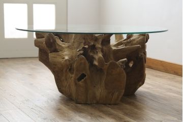 中古　アスプルンド(ASPLUND)取り扱い　スペイン　dareels(ダリールズ)　TOOR(トアー)　チーク材　ガラス天板　自然美をそのまま取り入れたデザインがおしゃれなコーヒーテーブル(カフェテーブル、ローテーブル、ラウンドテーブル、丸テーブル、センターテーブル、リビングテーブル)(定価約14万円)(R-081200)