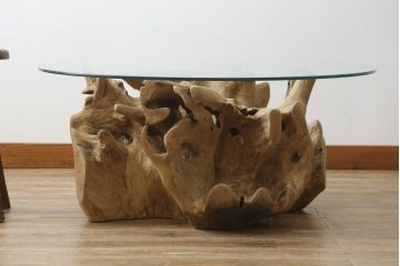 中古　アスプルンド(ASPLUND)取り扱い　スペイン　dareels(ダリールズ)　TOOR(トアー)　チーク材　ガラス天板　自然美をそのまま取り入れたデザインがおしゃれなコーヒーテーブル(カフェテーブル、ローテーブル、ラウンドテーブル、丸テーブル、センターテーブル、リビングテーブル)(定価約14万円)(R-081200)