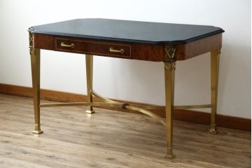 中古　最高級!!　イタリア輸入家具　天板黒御影石　マホガニー材　真鍮(しんちゅう)製　上質さが感じられる凝った造り込みが魅力的なデスク(平机、ワークデスク、在宅用、在宅ワーク用)(定価約120万円)(R-081204)