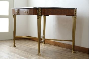 中古　最高級!!　イタリア輸入家具　天板黒御影石　マホガニー材　真鍮(しんちゅう)製　上質さが感じられる凝った造り込みが魅力的なデスク(平机、ワークデスク、在宅用、在宅ワーク用)(定価約120万円)(R-081204)