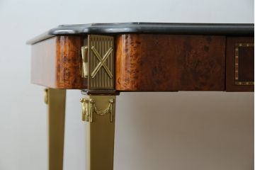 中古　最高級!!　イタリア輸入家具　天板黒御影石　マホガニー材　真鍮(しんちゅう)製　上質さが感じられる凝った造り込みが魅力的なデスク(平机、ワークデスク、在宅用、在宅ワーク用)(定価約120万円)(R-081204)