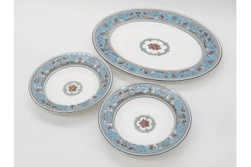 イギリス　WEDGWOOD(ウェッジウッド)　FLORENTINE TURQUOISE(フロレンティーン ターコイズ)　オーバルディッシュ　スーププレート　威風堂々としたデザインが見事なプレート3枚セット(グロテスク文様、フルーツ、果物、大皿、洋食器、英国)(R-081214)