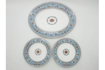 イギリス　WEDGWOOD(ウェッジウッド)　FLORENTINE TURQUOISE(フロレンティーン ターコイズ)　オーバルディッシュ　スーププレート　威風堂々としたデザインが見事なプレート3枚セット(グロテスク文様、フルーツ、果物、大皿、洋食器、英国)(R-081214)
