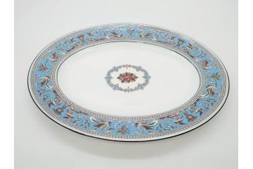イギリス　WEDGWOOD(ウェッジウッド)　FLORENTINE TURQUOISE(フロレンティーン ターコイズ)　オーバルディッシュ　スーププレート　威風堂々としたデザインが見事なプレート3枚セット(グロテスク文様、フルーツ、果物、大皿、洋食器、英国)(R-081214)
