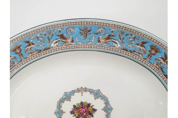 イギリス　WEDGWOOD(ウェッジウッド)　FLORENTINE TURQUOISE(フロレンティーン ターコイズ)　オーバルディッシュ　スーププレート　威風堂々としたデザインが見事なプレート3枚セット(グロテスク文様、フルーツ、果物、大皿、洋食器、英国)(R-081214)