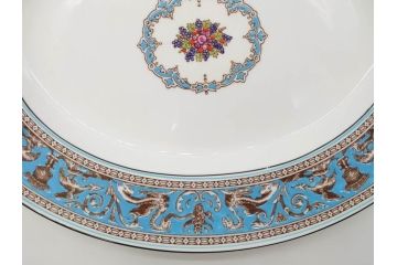 イギリス　WEDGWOOD(ウェッジウッド)　FLORENTINE TURQUOISE(フロレンティーン ターコイズ)　オーバルディッシュ　スーププレート　威風堂々としたデザインが見事なプレート3枚セット(グロテスク文様、フルーツ、果物、大皿、洋食器、英国)(R-081214)