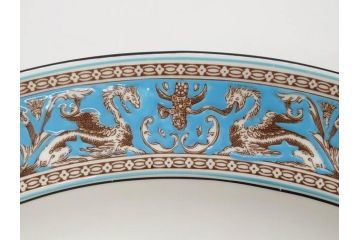 イギリス　WEDGWOOD(ウェッジウッド)　FLORENTINE TURQUOISE(フロレンティーン ターコイズ)　オーバルディッシュ　スーププレート　威風堂々としたデザインが見事なプレート3枚セット(グロテスク文様、フルーツ、果物、大皿、洋食器、英国)(R-081214)