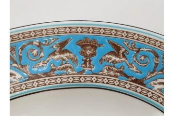 イギリス　WEDGWOOD(ウェッジウッド)　FLORENTINE TURQUOISE(フロレンティーン ターコイズ)　オーバルディッシュ　スーププレート　威風堂々としたデザインが見事なプレート3枚セット(グロテスク文様、フルーツ、果物、大皿、洋食器、英国)(R-081214)