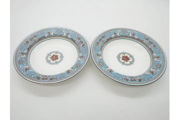 イギリス　WEDGWOOD(ウェッジウッド)　FLORENTINE TURQUOISE(フロレンティーン ターコイズ)　オーバルディッシュ　スーププレート　威風堂々としたデザインが見事なプレート3枚セット(グロテスク文様、フルーツ、果物、大皿、洋食器、英国)(R-081214)