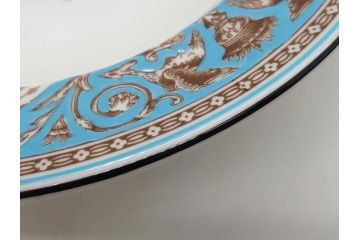 イギリス　WEDGWOOD(ウェッジウッド)　FLORENTINE TURQUOISE(フロレンティーン ターコイズ)　オーバルディッシュ　スーププレート　威風堂々としたデザインが見事なプレート3枚セット(グロテスク文様、フルーツ、果物、大皿、洋食器、英国)(R-081214)