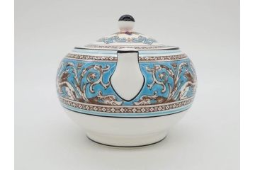 イギリス　WEDGWOOD(ウェッジウッド)　FLORENTINE TURQUOISE(フロレンティーン ターコイズ)　ティー　コーヒー　高い品格を感じるシュガーボックス・クリーマー2点セット(グロテスク文様、フルーツ、果物、ミルクジャー、ミルクポット、シュガーポット、ボンボン入れ、洋食器、英国)(R-081215)