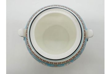 イギリス　WEDGWOOD(ウェッジウッド)　FLORENTINE TURQUOISE(フロレンティーン ターコイズ)　ティー　コーヒー　高い品格を感じるシュガーボックス・クリーマー2点セット(グロテスク文様、フルーツ、果物、ミルクジャー、ミルクポット、シュガーポット、ボンボン入れ、洋食器、英国)(R-081215)