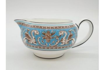 イギリス　WEDGWOOD(ウェッジウッド)　FLORENTINE TURQUOISE(フロレンティーン ターコイズ)　ティー　コーヒー　高い品格を感じるシュガーボックス・クリーマー2点セット(グロテスク文様、フルーツ、果物、ミルクジャー、ミルクポット、シュガーポット、ボンボン入れ、洋食器、英国)(R-081215)
