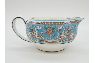 イギリス　WEDGWOOD(ウェッジウッド)　FLORENTINE TURQUOISE(フロレンティーン ターコイズ)　ティー　コーヒー　高い品格を感じるシュガーボックス・クリーマー2点セット(グロテスク文様、フルーツ、果物、ミルクジャー、ミルクポット、シュガーポット、ボンボン入れ、洋食器、英国)(R-081215)