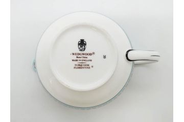 イギリス　WEDGWOOD(ウェッジウッド)　FLORENTINE TURQUOISE(フロレンティーン ターコイズ)　ティー　コーヒー　高い品格を感じるシュガーボックス・クリーマー2点セット(グロテスク文様、フルーツ、果物、ミルクジャー、ミルクポット、シュガーポット、ボンボン入れ、洋食器、英国)(R-081215)