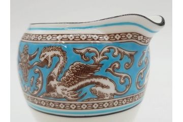 イギリス　WEDGWOOD(ウェッジウッド)　FLORENTINE TURQUOISE(フロレンティーン ターコイズ)　ティー　コーヒー　高い品格を感じるシュガーボックス・クリーマー2点セット(グロテスク文様、フルーツ、果物、ミルクジャー、ミルクポット、シュガーポット、ボンボン入れ、洋食器、英国)(R-081215)