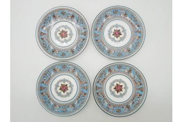 イギリス　WEDGWOOD(ウェッジウッド)　FLORENTINE TURQUOISE(フロレンティーン ターコイズ)　重厚感ある佇まいのコーヒーカップ&ソーサー4客セット(グロテスク文様、フルーツ、果物、C&S、洋食器、英国)(R-081216)