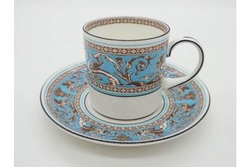 イギリス　WEDGWOOD(ウェッジウッド)　FLORENTINE TURQUOISE(フロレンティーン ターコイズ)　重厚感ある佇まいのコーヒーカップ&ソーサー4客セット(グロテスク文様、フルーツ、果物、C&S、洋食器、英国)(R-081216)