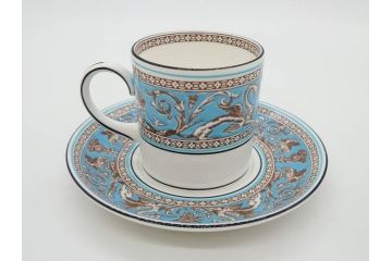 イギリス　WEDGWOOD(ウェッジウッド)　FLORENTINE TURQUOISE(フロレンティーン ターコイズ)　重厚感ある佇まいのコーヒーカップ&ソーサー4客セット(グロテスク文様、フルーツ、果物、C&S、洋食器、英国)(R-081216)