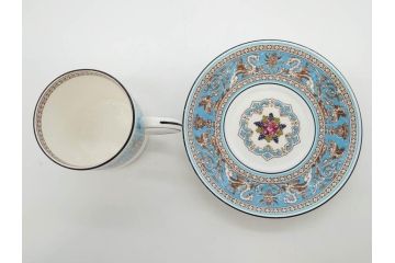 イギリス　WEDGWOOD(ウェッジウッド)　FLORENTINE TURQUOISE(フロレンティーン ターコイズ)　重厚感ある佇まいのコーヒーカップ&ソーサー4客セット(グロテスク文様、フルーツ、果物、C&S、洋食器、英国)(R-081216)