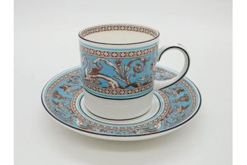 イギリス　WEDGWOOD(ウェッジウッド)　FLORENTINE TURQUOISE(フロレンティーン ターコイズ)　優雅な時間を演出するコーヒーカップ&ソーサー3客セット(グロテスク文様、フルーツ、果物、洋食器、英国)(R-081217)