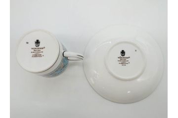 イギリス　WEDGWOOD(ウェッジウッド)　FLORENTINE TURQUOISE(フロレンティーン ターコイズ)　優雅な時間を演出するコーヒーカップ&ソーサー3客セット(グロテスク文様、フルーツ、果物、洋食器、英国)(R-081217)