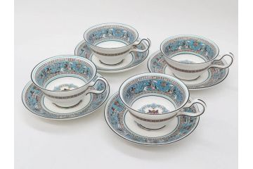 イギリス　WEDGWOOD(ウェッジウッド)　FLORENTINE TURQUOISE(フロレンティーン ターコイズ)　上品な佇まいのティーカップ&ソーサー4客セット(グロテスク文様、フルーツ、果物、ピオニー、C&S、洋食器、英国)(R-081218)