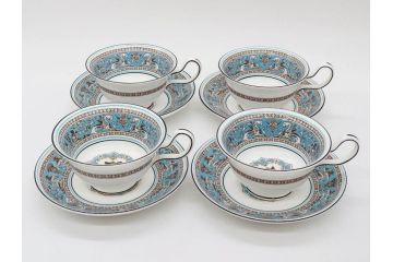 イギリス　WEDGWOOD(ウェッジウッド)　FLORENTINE TURQUOISE(フロレンティーン ターコイズ)　上品な佇まいのティーカップ&ソーサー4客セット(グロテスク文様、フルーツ、果物、ピオニー、C&S、洋食器、英国)(R-081218)
