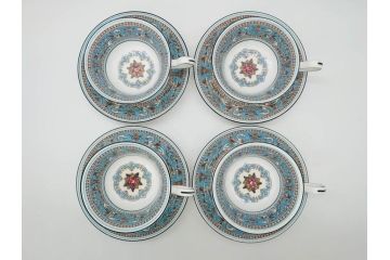 イギリス　WEDGWOOD(ウェッジウッド)　FLORENTINE TURQUOISE(フロレンティーン ターコイズ)　上品な佇まいのティーカップ&ソーサー4客セット(グロテスク文様、フルーツ、果物、ピオニー、C&S、洋食器、英国)(R-081218)