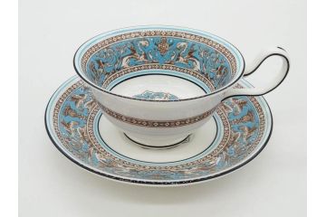 イギリス　WEDGWOOD(ウェッジウッド)　FLORENTINE TURQUOISE(フロレンティーン ターコイズ)　上品な佇まいのティーカップ&ソーサー4客セット(グロテスク文様、フルーツ、果物、ピオニー、C&S、洋食器、英国)(R-081218)