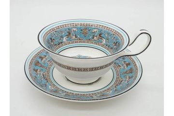 イギリス　WEDGWOOD(ウェッジウッド)　FLORENTINE TURQUOISE(フロレンティーン ターコイズ)　上品な佇まいのティーカップ&ソーサー4客セット(グロテスク文様、フルーツ、果物、ピオニー、C&S、洋食器、英国)(R-081218)