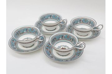 イギリス　WEDGWOOD(ウェッジウッド)　FLORENTINE TURQUOISE(フロレンティーン ターコイズ)　上品な雰囲気のティーカップ&ソーサー4客セット(グロテスク文様、フルーツ、果物、ピオニー、C&S、洋食器、英国)(R-081219)