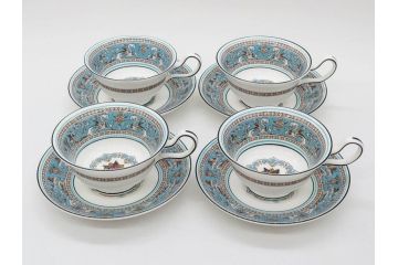 イギリス　WEDGWOOD(ウェッジウッド)　FLORENTINE TURQUOISE(フロレンティーン ターコイズ)　上品な雰囲気のティーカップ&ソーサー4客セット(グロテスク文様、フルーツ、果物、ピオニー、C&S、洋食器、英国)(R-081219)