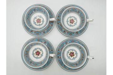 イギリス　WEDGWOOD(ウェッジウッド)　FLORENTINE TURQUOISE(フロレンティーン ターコイズ)　上品な雰囲気のティーカップ&ソーサー4客セット(グロテスク文様、フルーツ、果物、ピオニー、C&S、洋食器、英国)(R-081219)