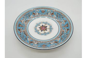 イギリス　WEDGWOOD(ウェッジウッド)　FLORENTINE TURQUOISE(フロレンティーン ターコイズ)　上品な雰囲気のティーカップ&ソーサー4客セット(グロテスク文様、フルーツ、果物、ピオニー、C&S、洋食器、英国)(R-081219)