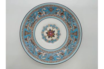 イギリス　WEDGWOOD(ウェッジウッド)　FLORENTINE TURQUOISE(フロレンティーン ターコイズ)　上品な雰囲気のティーカップ&ソーサー4客セット(グロテスク文様、フルーツ、果物、ピオニー、C&S、洋食器、英国)(R-081219)