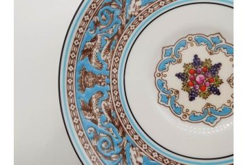 イギリス　WEDGWOOD(ウェッジウッド)　FLORENTINE TURQUOISE(フロレンティーン ターコイズ)　上品な雰囲気のティーカップ&ソーサー4客セット(グロテスク文様、フルーツ、果物、ピオニー、C&S、洋食器、英国)(R-081219)