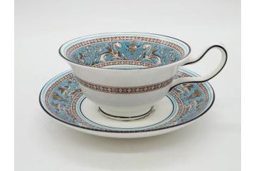イギリス　WEDGWOOD(ウェッジウッド)　FLORENTINE TURQUOISE(フロレンティーン ターコイズ)　上品な雰囲気のティーカップ&ソーサー4客セット(グロテスク文様、フルーツ、果物、ピオニー、C&S、洋食器、英国)(R-081219)