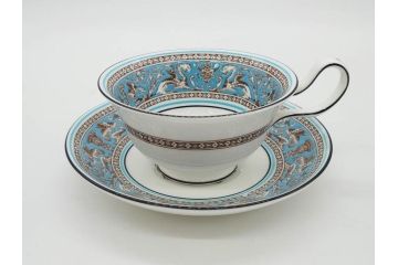イギリス　WEDGWOOD(ウェッジウッド)　FLORENTINE TURQUOISE(フロレンティーン ターコイズ)　上品な雰囲気のティーカップ&ソーサー4客セット(グロテスク文様、フルーツ、果物、ピオニー、C&S、洋食器、英国)(R-081219)