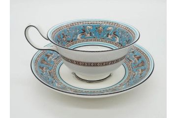 イギリス　WEDGWOOD(ウェッジウッド)　FLORENTINE TURQUOISE(フロレンティーン ターコイズ)　上品な雰囲気のティーカップ&ソーサー4客セット(グロテスク文様、フルーツ、果物、ピオニー、C&S、洋食器、英国)(R-081219)