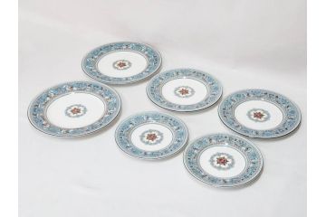 イギリス　WEDGWOOD(ウェッジウッド)　FLORENTINE TURQUOISE(フロレンティーン ターコイズ)　食卓が華やぐプレート6枚セット(グロテスク文様、フルーツ、果物、中皿、洋食器、英国)(R-081220)