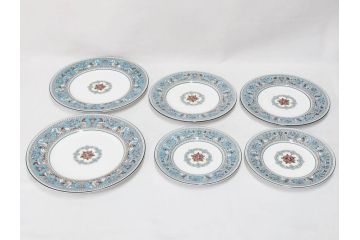 イギリス　WEDGWOOD(ウェッジウッド)　FLORENTINE TURQUOISE(フロレンティーン ターコイズ)　食卓が華やぐプレート6枚セット(グロテスク文様、フルーツ、果物、中皿、洋食器、英国)(R-081220)